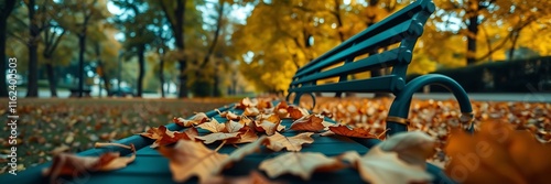 Empty wooden bench in colorful autumn park. Perfect for fall-themed designs and seasonal promotions.