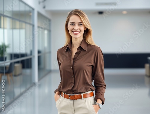 Free Download Portrait of young professional business woman standing in the office. Happy female corporate executive, smiling business woman corporate leader manager looking at the camera - GFXLoad