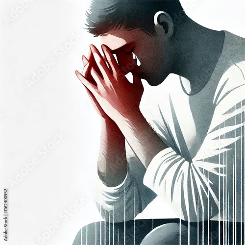 Minimalist illustration of Sad desperate grieving crying man with folded hands and tears eyes during trouble, life difficulties, depression and emotional problems