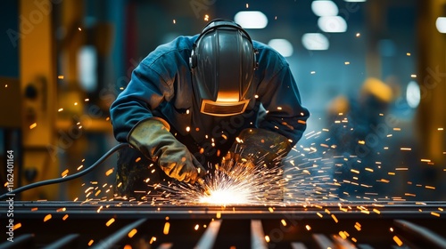 Welding in a factory, a person with a helmet and protective suit working on a metal plate with sparks flying around photo