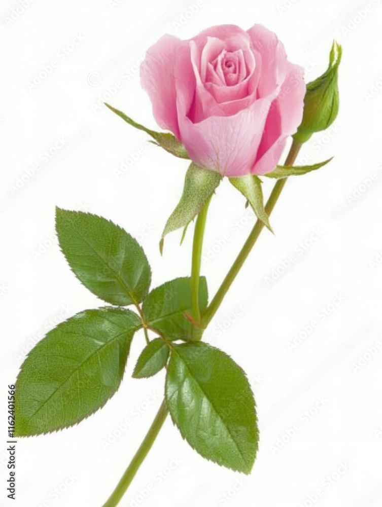 A delicate pink rose with green leaves and a budding flower, symbolizing beauty and love. A delicate pink rose with green leaves and a budding flower, symbolizing beauty and love.