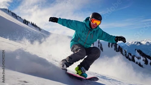 A snowboarder fights through a blizzard, with dramatic wind and snow effects, showcasing resilience and skill, 4k High-Quality Business Wallpaper Background Animation Video