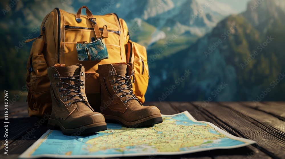 Fototapeta premium Backpack Boots Map Prepare Mountain Adventure Trip