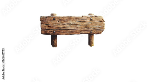 A weathered wooden sign with two posts and metal nails. photo