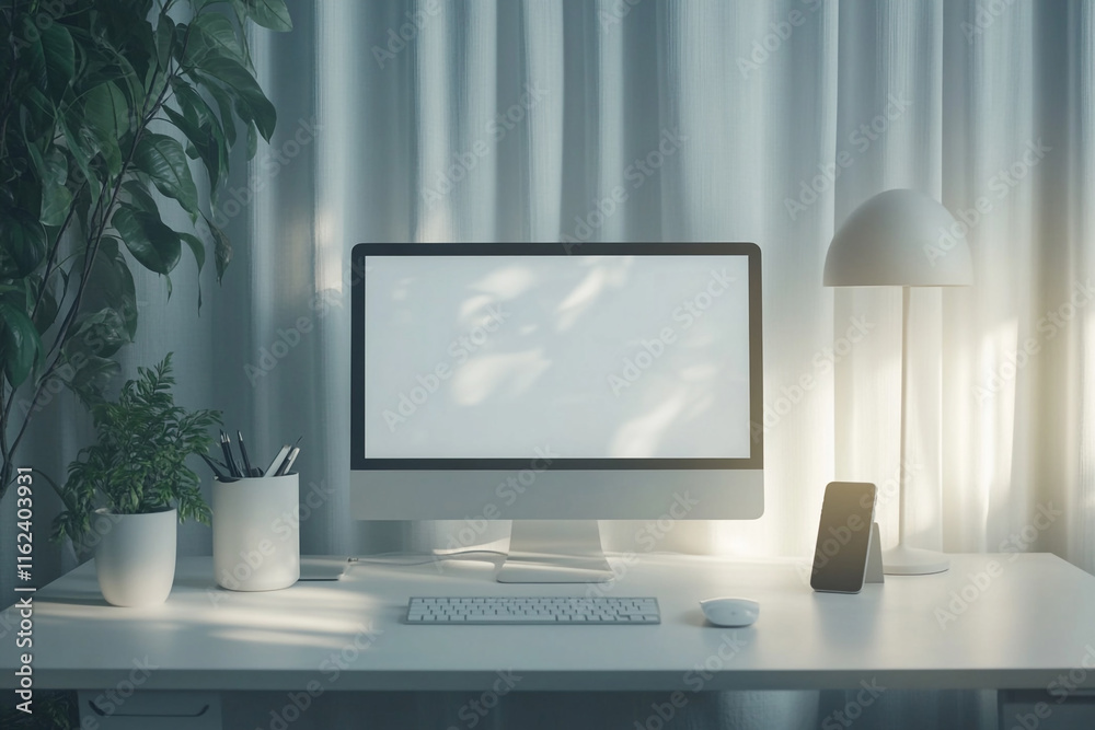 This minimalist desk setup showcases a desktop computer surrounded by greenery for a nature-inspired work environment This minimalist desk setup showcases a desktop computer surrounded by greenery for a nature-inspired work environment
