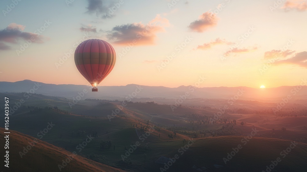 Fototapeta premium Hot Air Balloon Soaring Over Rolling Hills at Sunset