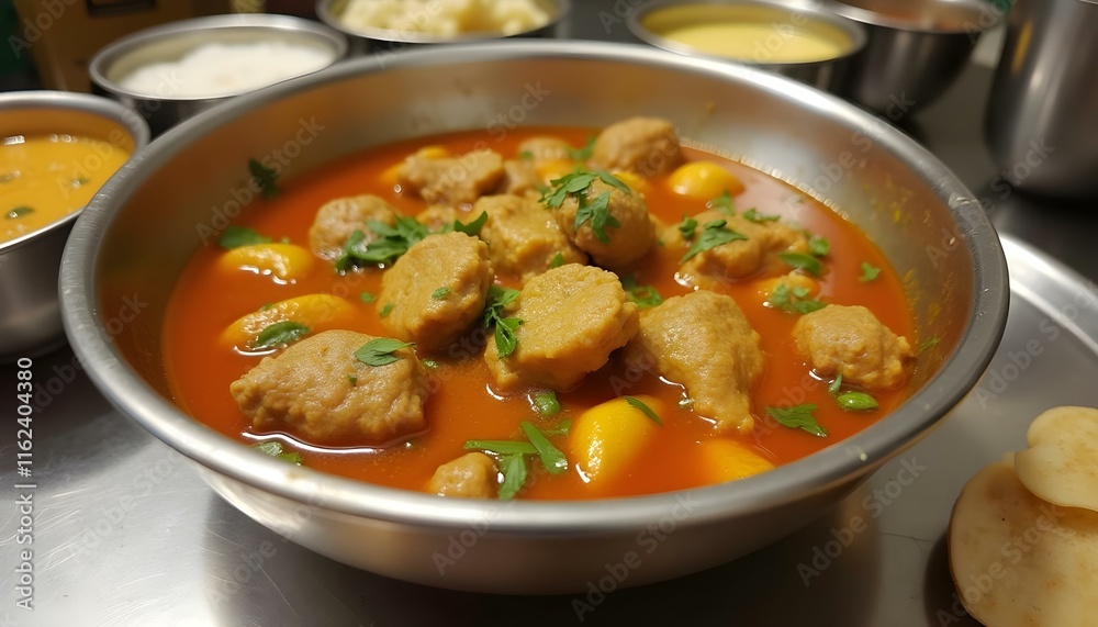 stainless steel bowl filled with spicy orange curry featuring vegetable dumplings and boiled eggs, garnished with fresh cilantro stainless steel bowl filled with spicy orange curry featuring vegetable dumplings and boiled eggs, garnished with fresh cilantro