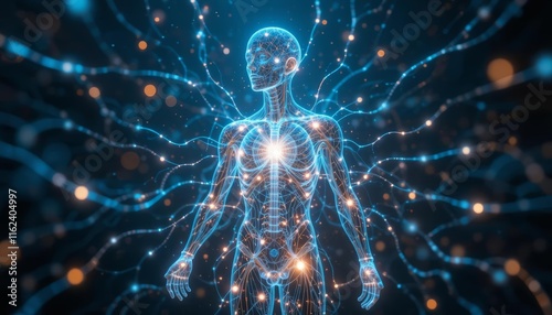 Glowing human nervous system with electric connections