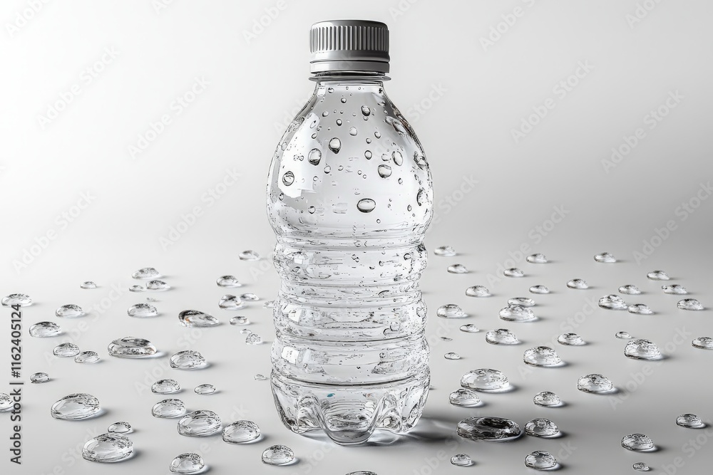 A clear plastic water bottle surrounded by droplets on a smooth surface. A clear plastic water bottle surrounded by droplets on a smooth surface.