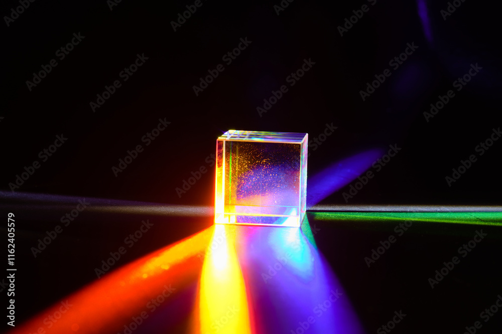 A glass dichroic prism disperse light into different colors on a black background