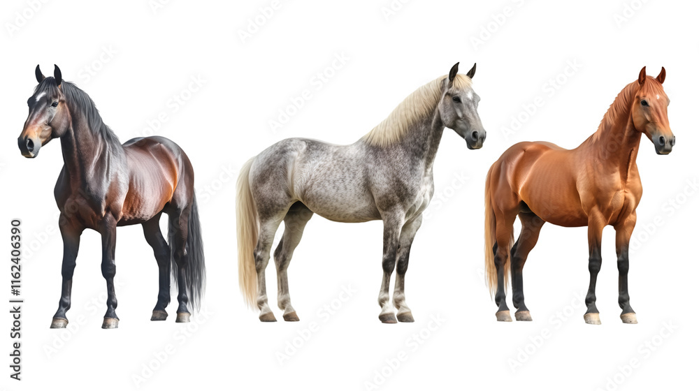 Obraz premium Three horses of different colors standing majestically on a transparent background, ready to be used in any creative project