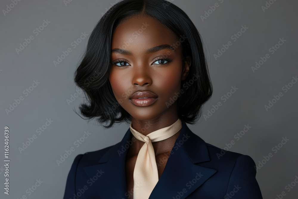 A portrait of a Black woman with a bob haircut, wearing a navy blue blazer and a beige tie. A portrait of a Black woman with a bob haircut, wearing a navy blue blazer and a beige tie.