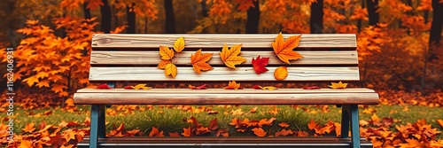 Empty wooden bench in colorful autumn park. Perfect for fall-themed designs and seasonal promotions.