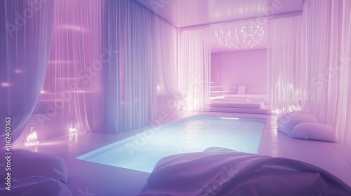 Serene spa interior with soft lighting and pool. photo