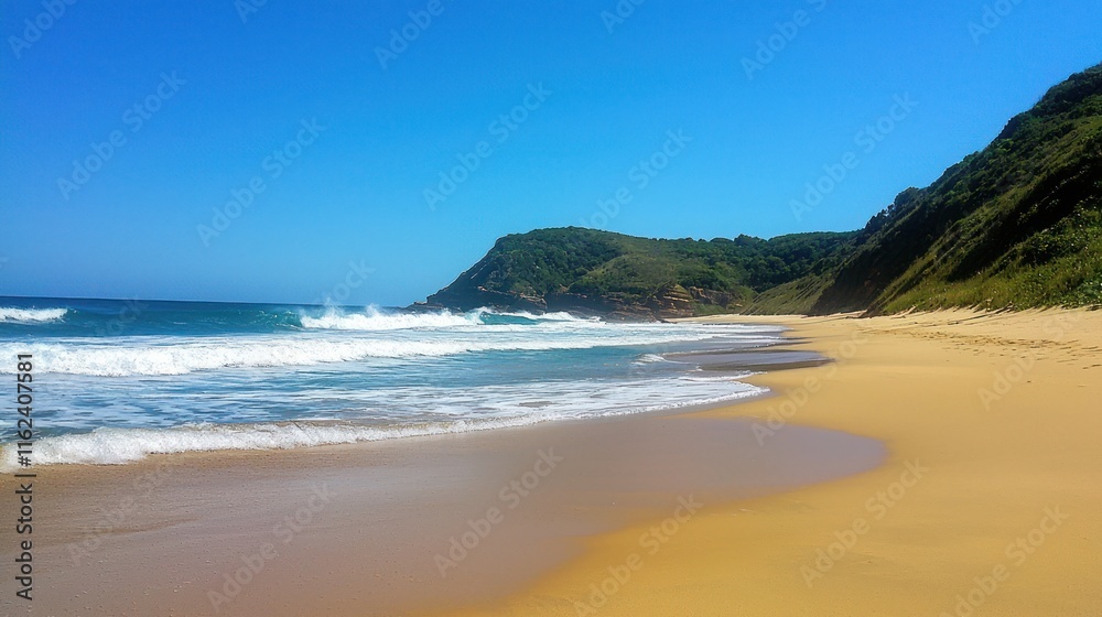 Serene Coastal Scene With Waves Crashing On Sandy Beach Serene Coastal Scene With Waves Crashing On Sandy Beach