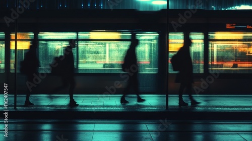 Silhouettes of commuters at a train station. photo