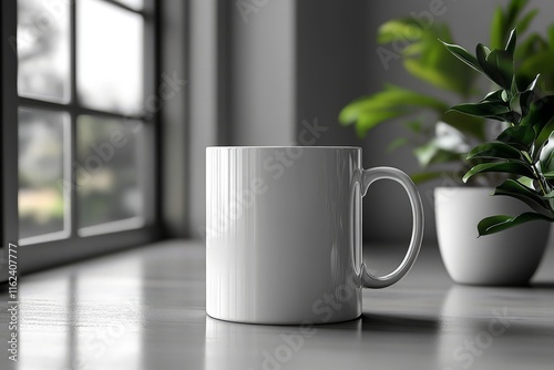 A minimalist scene featuring a white mug beside a plant on a table near a window.