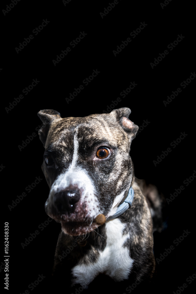 A dog with a black and white coat and a blue collar is staring at the camera A dog with a black and white coat and a blue collar is staring at the camera