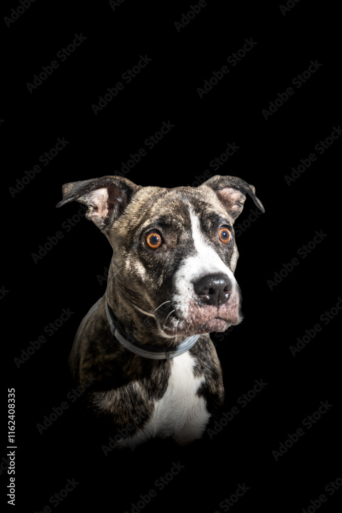 A dog with a blue collar is staring at the camera A dog with a blue collar is staring at the camera