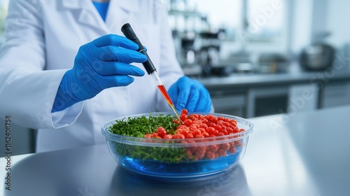 Scientist testing artificial flavor compounds in a futuristic lab, flavor innovation, food science