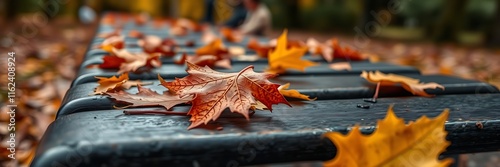 Empty wooden bench in colorful autumn park. Perfect for fall-themed designs and seasonal promotions.