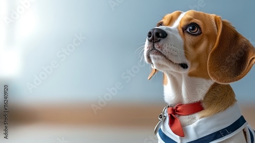 Beagle dog wearing a collar looking thoughtfully to the side. photo