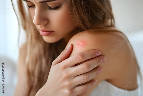 Young woman experiencing shoulder pain, symbolizing physical discomfort, injury, and muscle strain photo