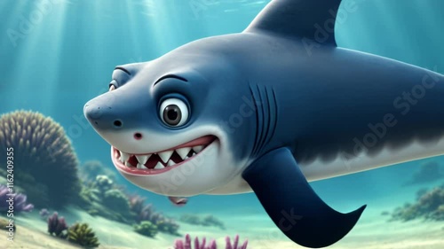 Smiling Cartoon Shark Swimming in Vibrant Waters