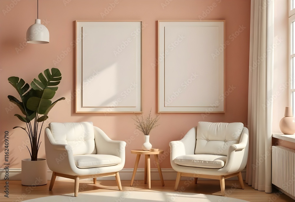 Two white armchairs with wooden legs in a minimalist living room with pink walls, two empty frames on the wall, and a small round wooden table with a potted plant Two white armchairs with wooden legs in a minimalist living room with pink walls, two empty frames on the wall, and a small round wooden table with a potted plant