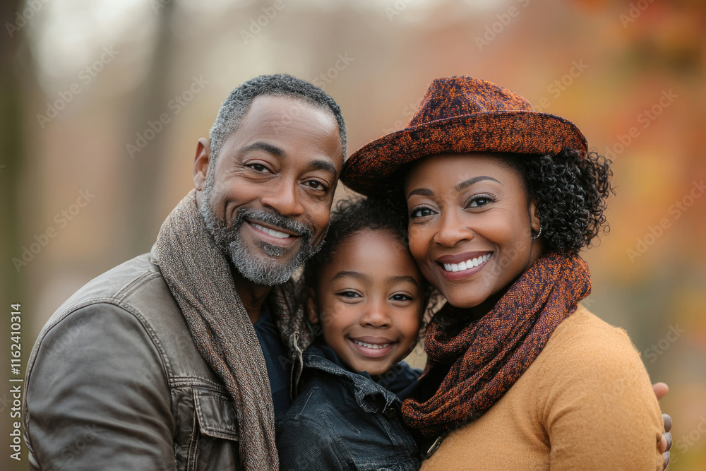 Happy African American family portrait in autumn setting, showcasing love and togetherness. Happy African American family portrait in autumn setting, showcasing love and togetherness.