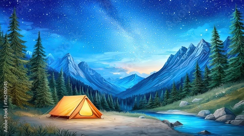 Wallpaper Mural A serene campsite scene with a glowing tent, mountains, and a starry night sky. Torontodigital.ca