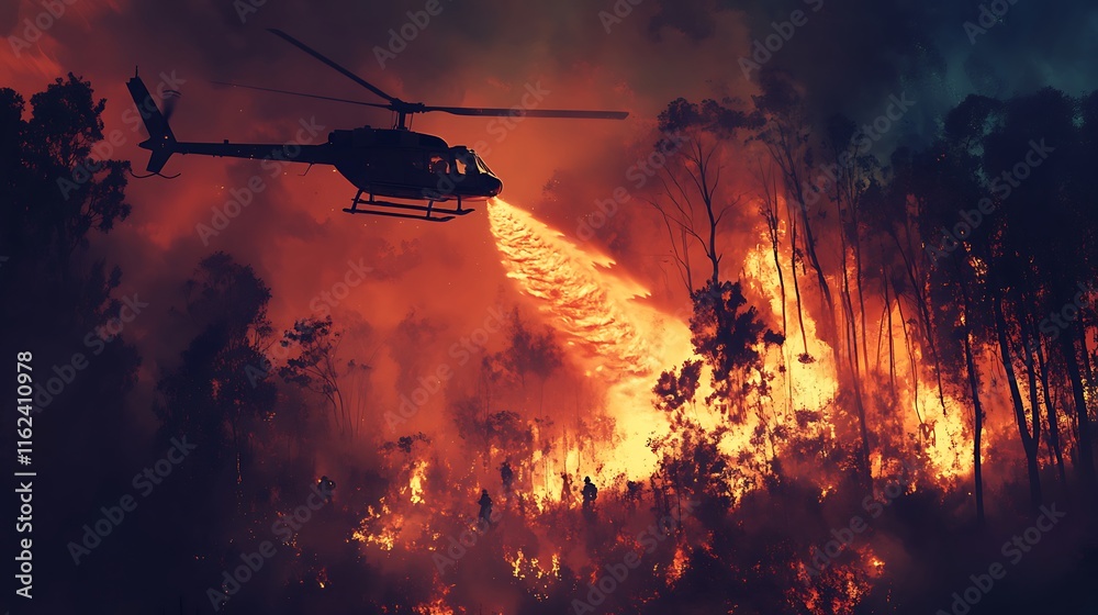 Obraz premium Helicopter Fighting Wildfire at Night
