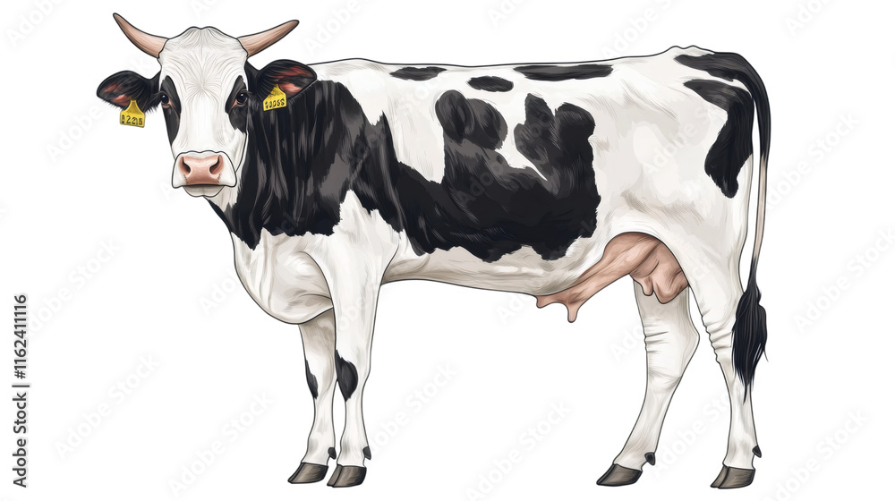 Black and white dairy cow standing, realistic vector illustration on transparent backdrop Black and white dairy cow standing, realistic vector illustration on transparent backdrop