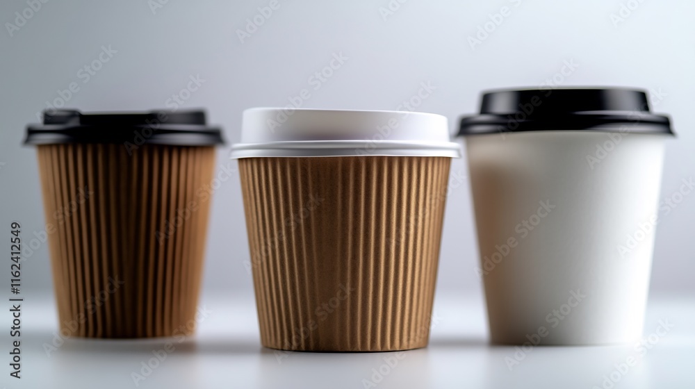 Three Disposable Coffee Cups in a Row: Brown, Brown, White Three Disposable Coffee Cups in a Row: Brown, Brown, White