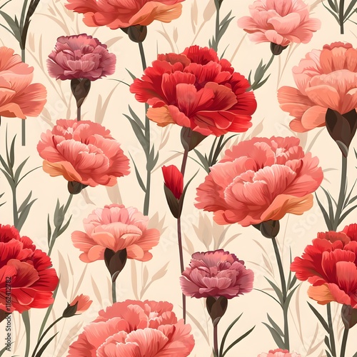 Charming Carnation Pattern, Repeating Botanical Vector Artwork