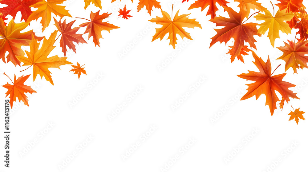 Vibrant maple leaves falling, cascading against transparent surface, forming elegant seasonal border design Vibrant maple leaves falling, cascading against transparent surface, forming elegant seasonal border design