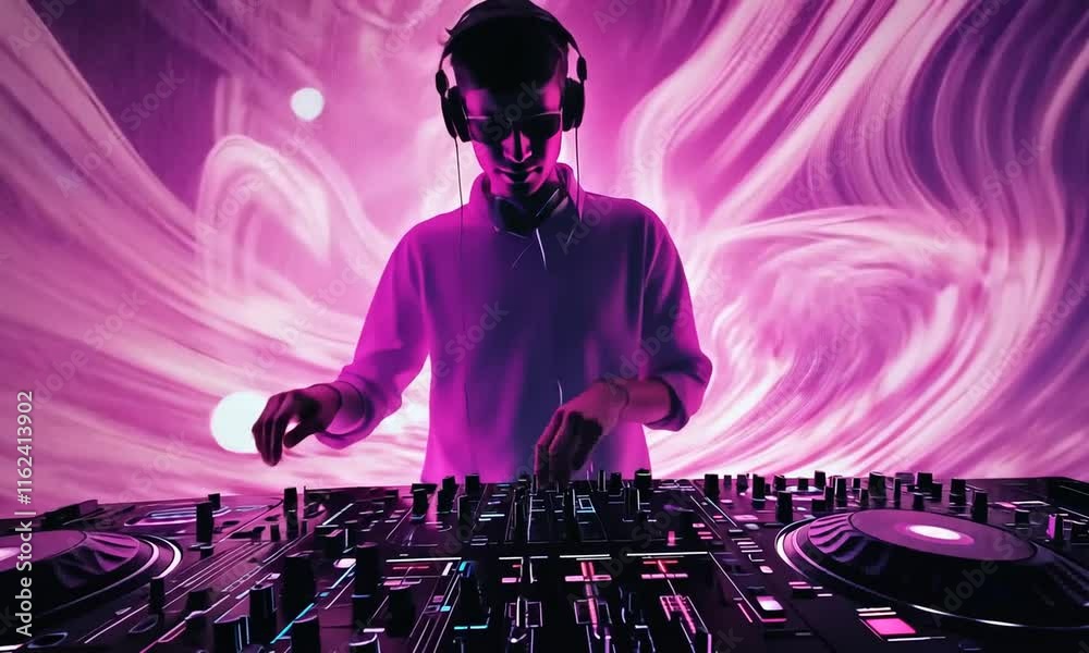 Energetic DJ Mixing Music in Modern Nightclub with Vibrant Light Effects and Colorful Background Creating an Engaging Atmosphere for Partygoers
