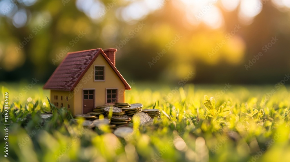 A small model house sits atop a pile of coins in a lush green field, highlighting the concept of real estate investment and property value within nature's beauty. A small model house sits atop a pile of coins in a lush green field, highlighting the concept of real estate investment and property value within nature's beauty.