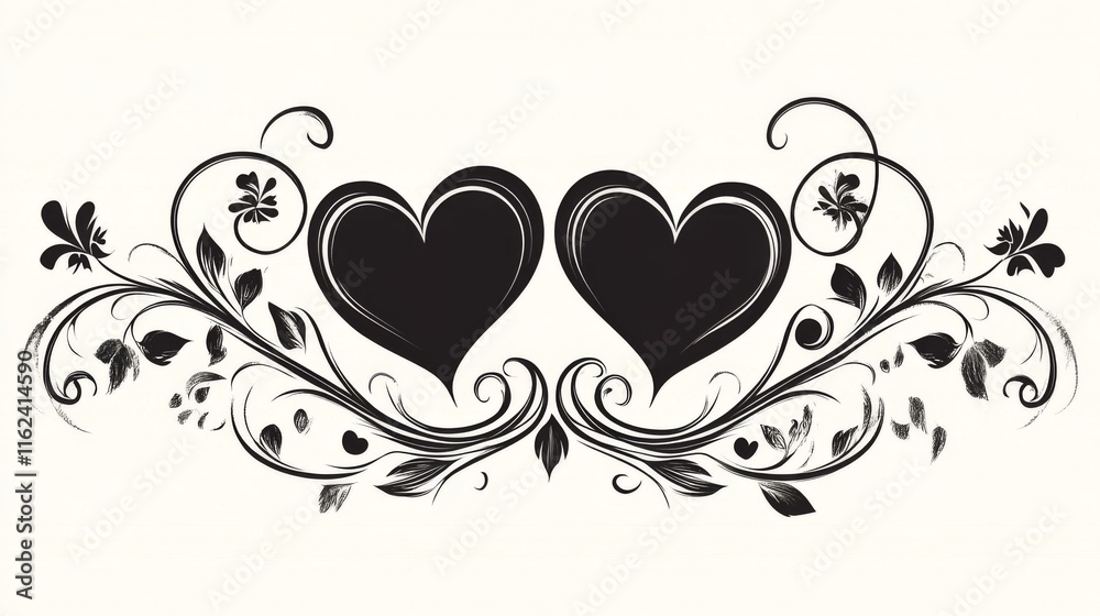 This artwork presents a pair of dark hearts encased in elaborate floral designs, representing deep emotions and artistic creativity through symmetrical beauty. This artwork presents a pair of dark hearts encased in elaborate floral designs, representing deep emotions and artistic creativity through symmetrical beauty.