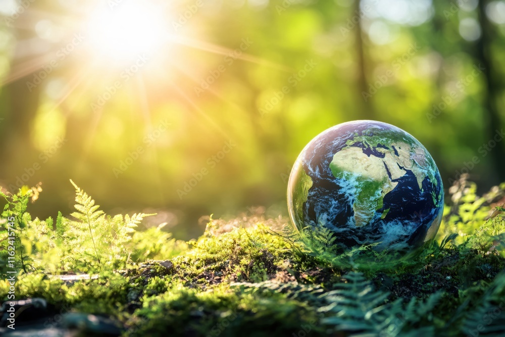 Beautiful Earth Globe Surrounded by Lush Greenery and Sunlight Rays Beautiful Earth Globe Surrounded by Lush Greenery and Sunlight Rays