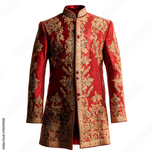 Red Embroidered Mens Sherwani Indian Wedding Festive Attire photo