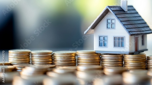 Depicting financial growth, a detailed model house sits on stacks of coins, illustrating real estate investment and the rising value of properties in today's economy.