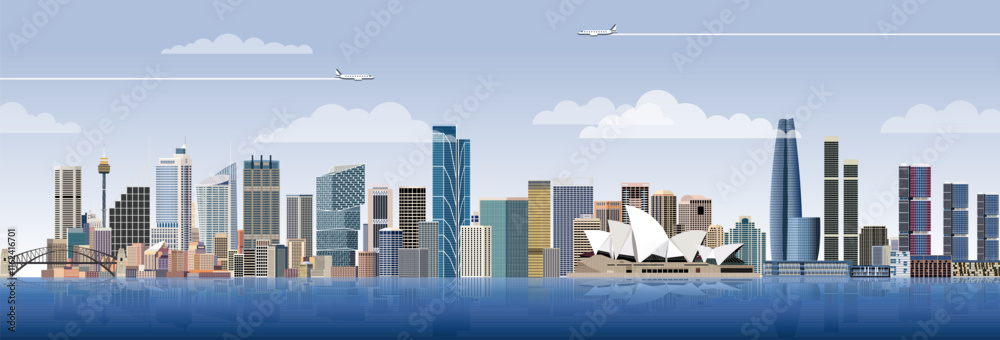 Sydney city skyline on gradient beautiful day sky background. Vector illustration