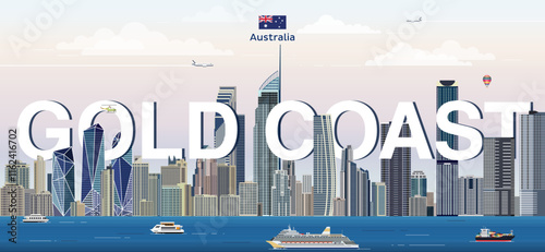 Gold Coast city skyline colorful vector illustration. Travel poster