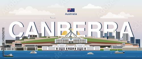Canberra city skyline colorful vector illustration. Travel poster