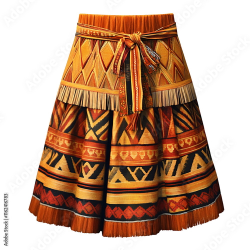 Ornate PolynesianStyle Skirt, Woven Textile, Ethnic Clothing, Geometric Patterns, Brown Orange Hues, photo