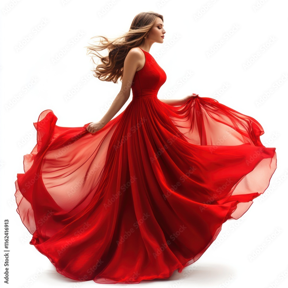 Fashion woman in fluttering red long dress Isolated on White Background Generative AI Fashion woman in fluttering red long dress Isolated on White Background Generative AI