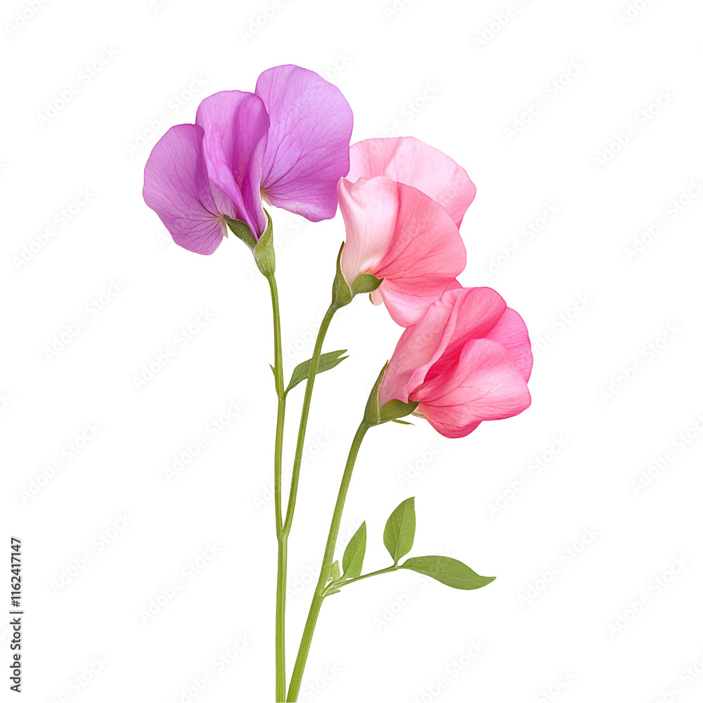 Sweet Pea Flowers Pink, Purple, Blooms, Botanical, Spring, Isolated, White Background, Nature, Photo