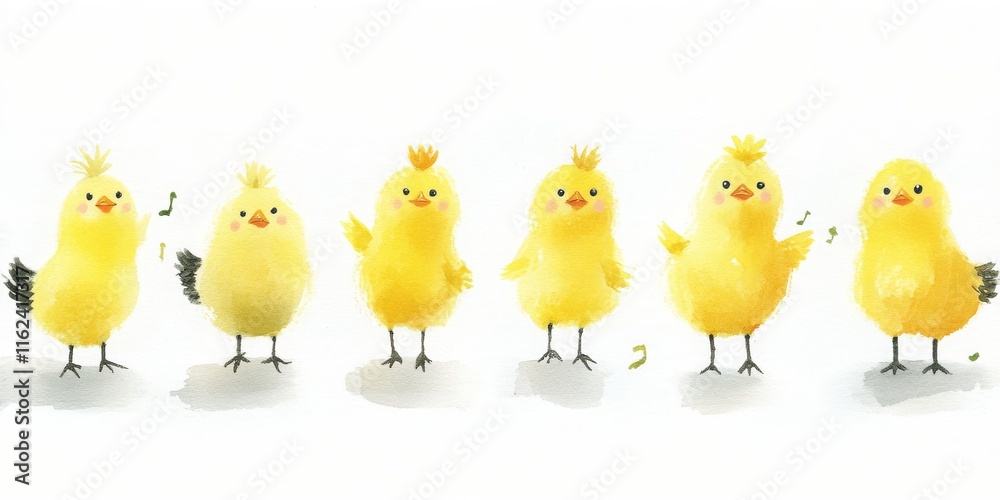 Fluffy Yellow Cartoon Chicks Dancing on White Background, perfect for children's party invitations or baby shower decorations Fluffy Yellow Cartoon Chicks Dancing on White Background, perfect for children's party invitations or baby shower decorations