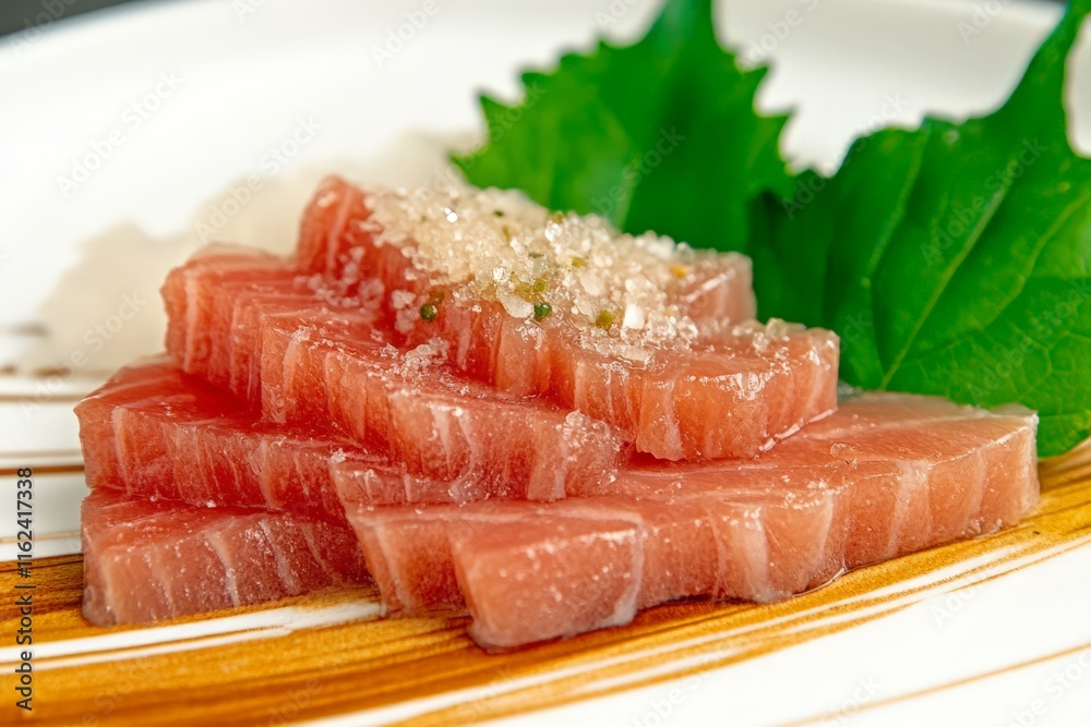 Fresh sushi featuring sliced tuna, garnished with wasabi and shiso leaves on a decorative plate.
